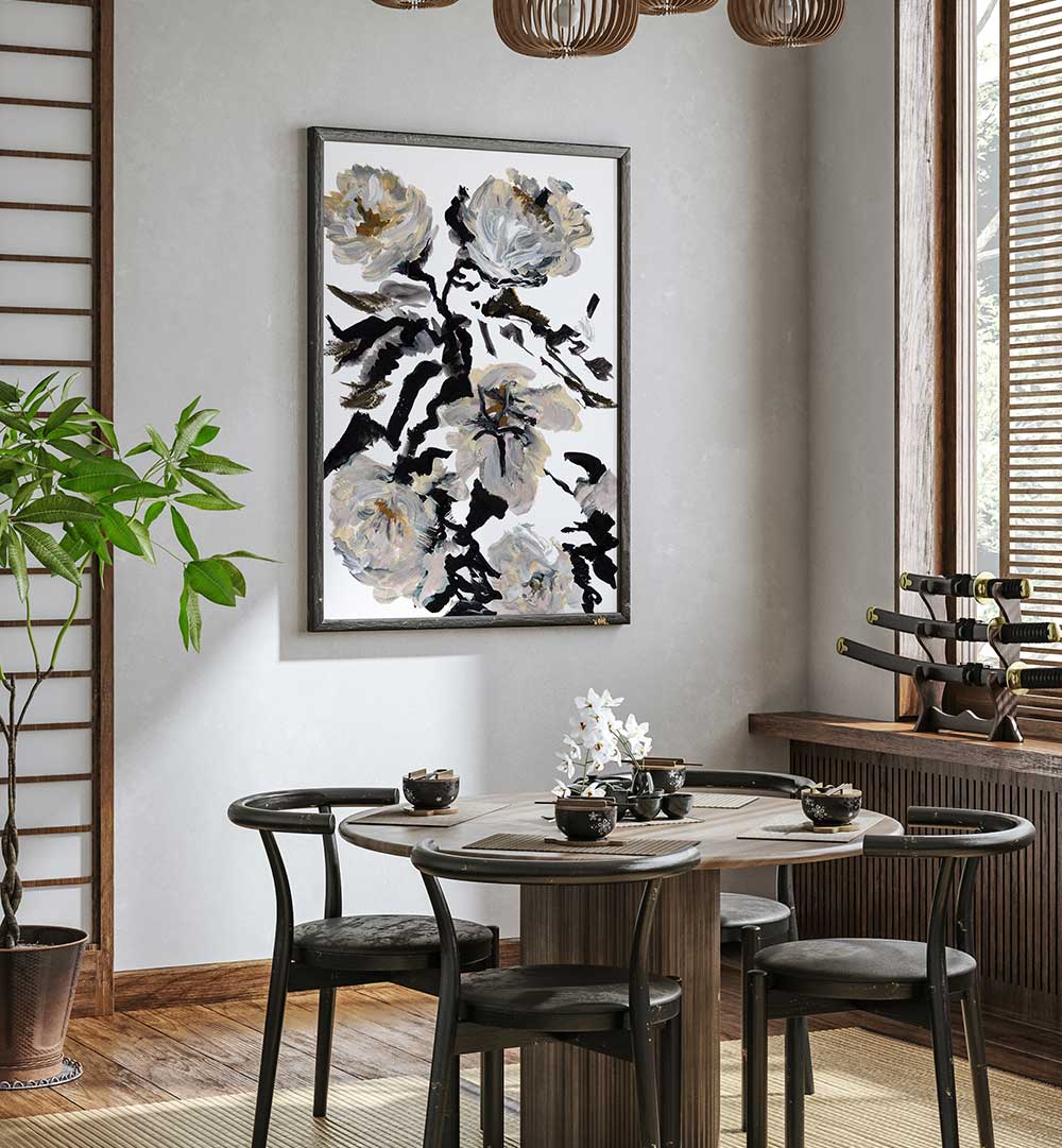 Stylish interior featuring LE JARDIN BOTANIQUE FLOWER, FLORAL FLOWER PAINTINGS that enhance any living space.