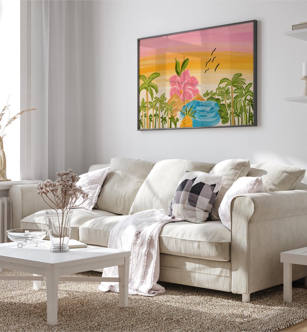 Bright and colorful ISLAND LANDSCAPE PAINTINGS enhance the living space, showcasing tropical beauty and vibrant art.