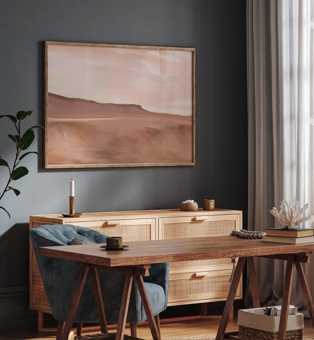 Elegant GOLDEN, LANDSCAPE PAINTINGS enhancing a modern workspace with serene hues and stylish decor accents.