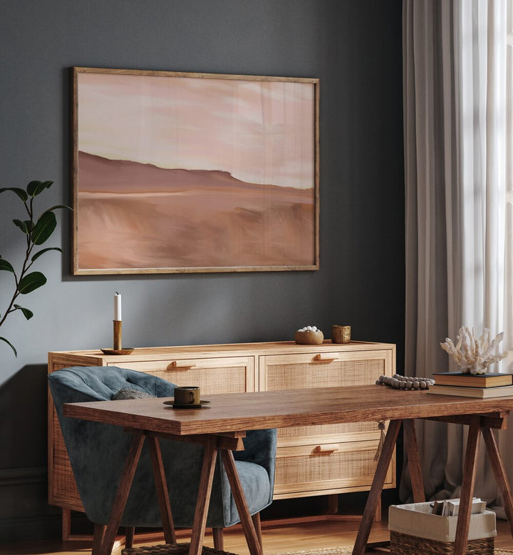 Elegant GOLDEN, LANDSCAPE PAINTINGS enhancing a modern workspace with serene hues and stylish decor accents.