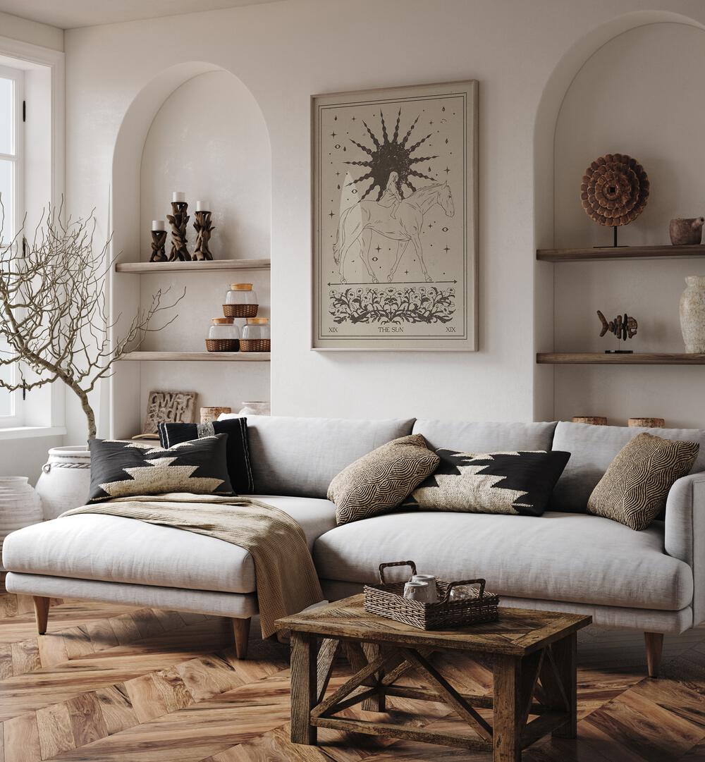 Stylish living room featuring THE SUN I , ZODIAC poster, perfect for creating a celestial-inspired sanctuary.