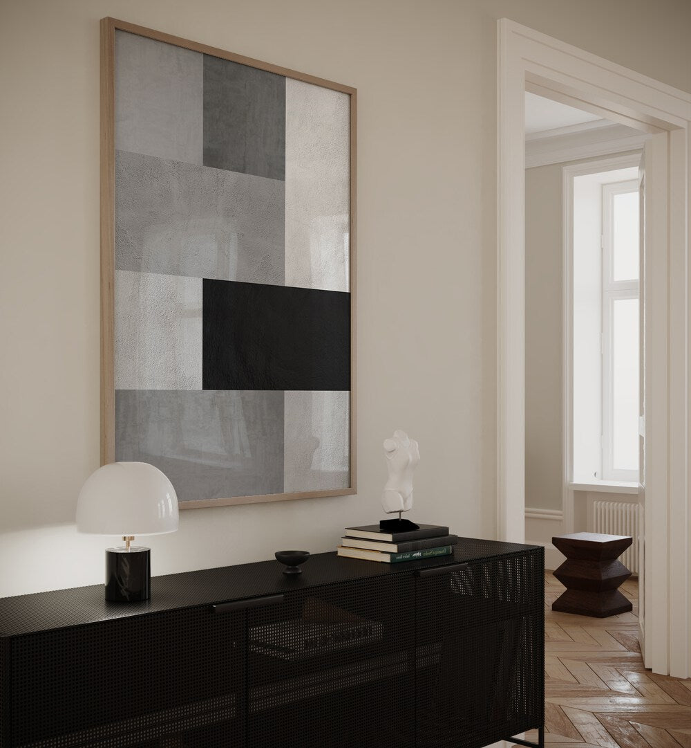 Sophisticated GRAY TEXTURES IV, GEOMETRIC ART PRINTS displayed elegantly in a modern interior setting.
