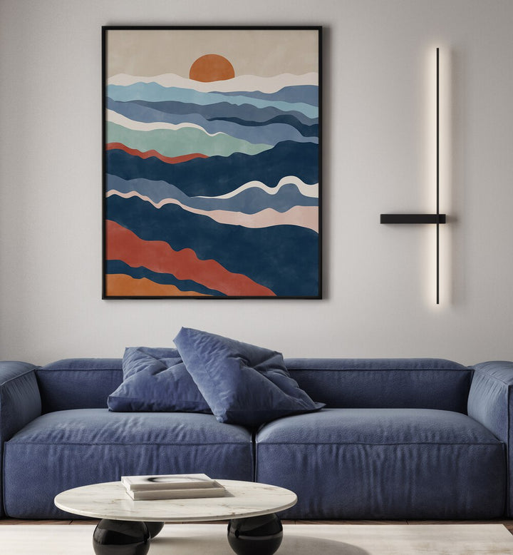 Stunning ABSTRACT TERRACOTTA & BLUE landscape painting by Elena Ristova, adding beauty to any modern space.