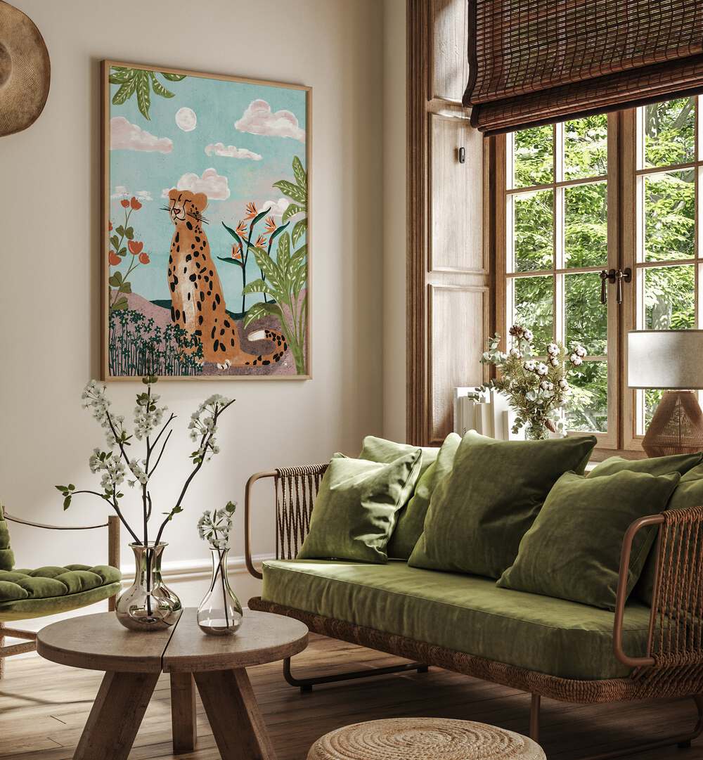 Stylish LEOPARD IN JUNGLE, ANIMAL PAINTINGS adorn a cozy living room, showcasing nature's beauty and elegance.