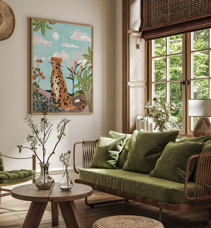 Stylish LEOPARD IN JUNGLE, ANIMAL PAINTINGS adorn a cozy living room, showcasing nature's beauty and elegance.