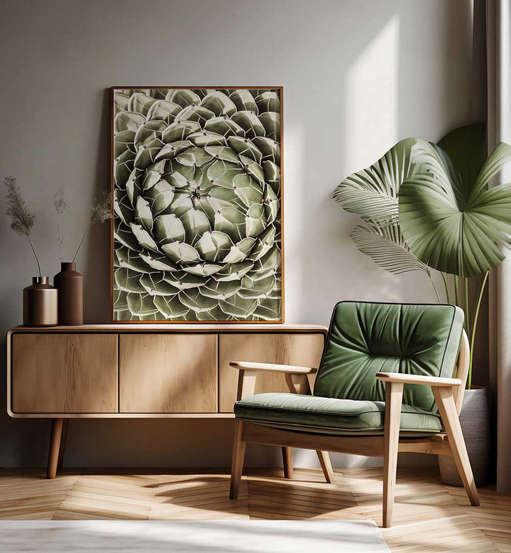 GEOMETRIC SUCCULENT , FLORAL FLOWER PAINTINGS framed succulent artwork above wooden sideboard beside green upholstered chair