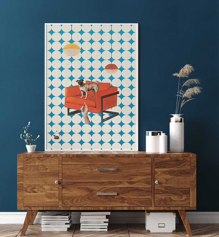 Surreal art print "IT WAS YOU" featuring a dog on a red couch, perfect for modern home decor.