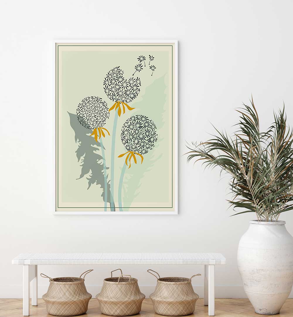 Dandelion Seeds Floral Flower Paintings adorn a modern space with elegant artistry and vibrant blooms.