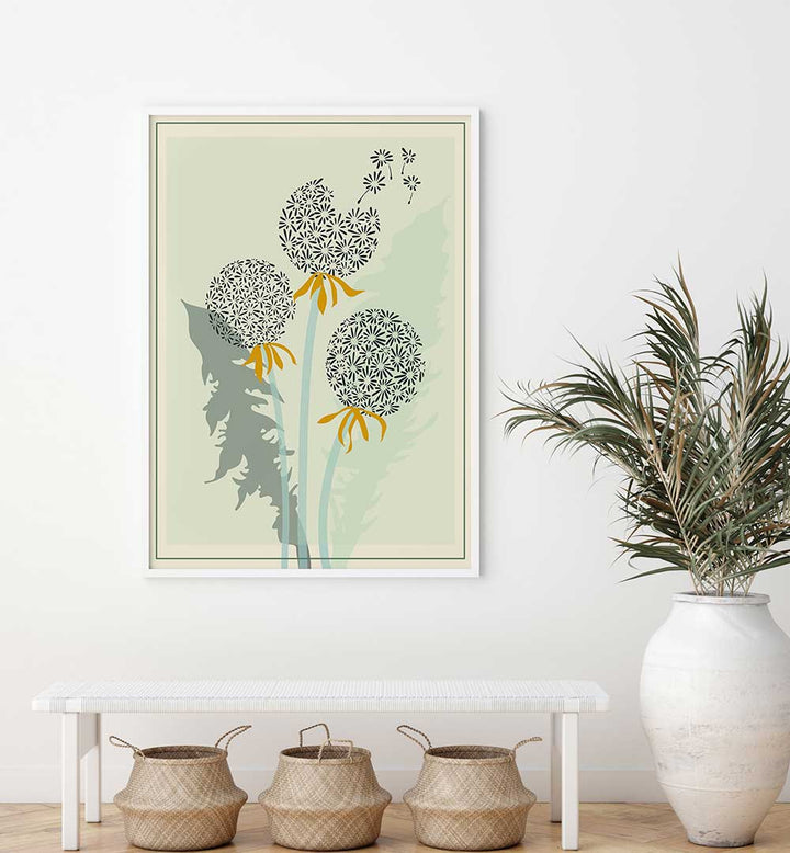 Dandelion Seeds Floral Flower Paintings adorn a modern space with elegant artistry and vibrant blooms.