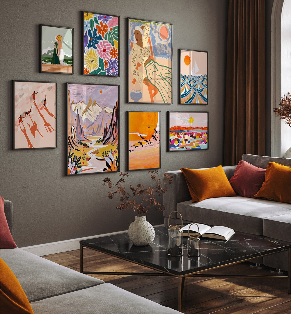 Transform your space with the WANDERLUST WONDERS GALLERY WALL, showcasing vibrant art perfect for gallery walls.