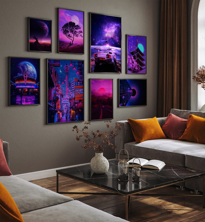 Transform your space with the NEON METROPOLIS GALLERY WALL, GALLERY WALLS featuring vibrant cyberpunk art prints.