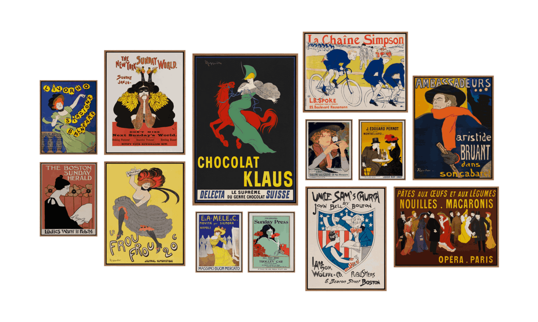 Stylish VINTAGE ERA GALLERY WALL featuring Art Nouveau posters, perfect for modern gallery walls in any living space.