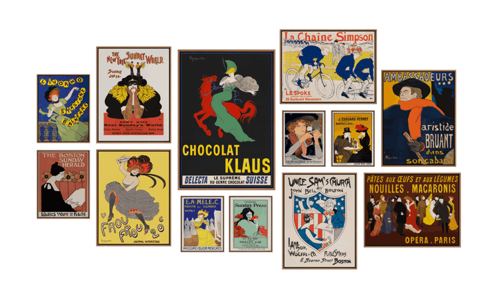Stylish VINTAGE ERA GALLERY WALL featuring Art Nouveau posters, perfect for modern gallery walls in any living space.