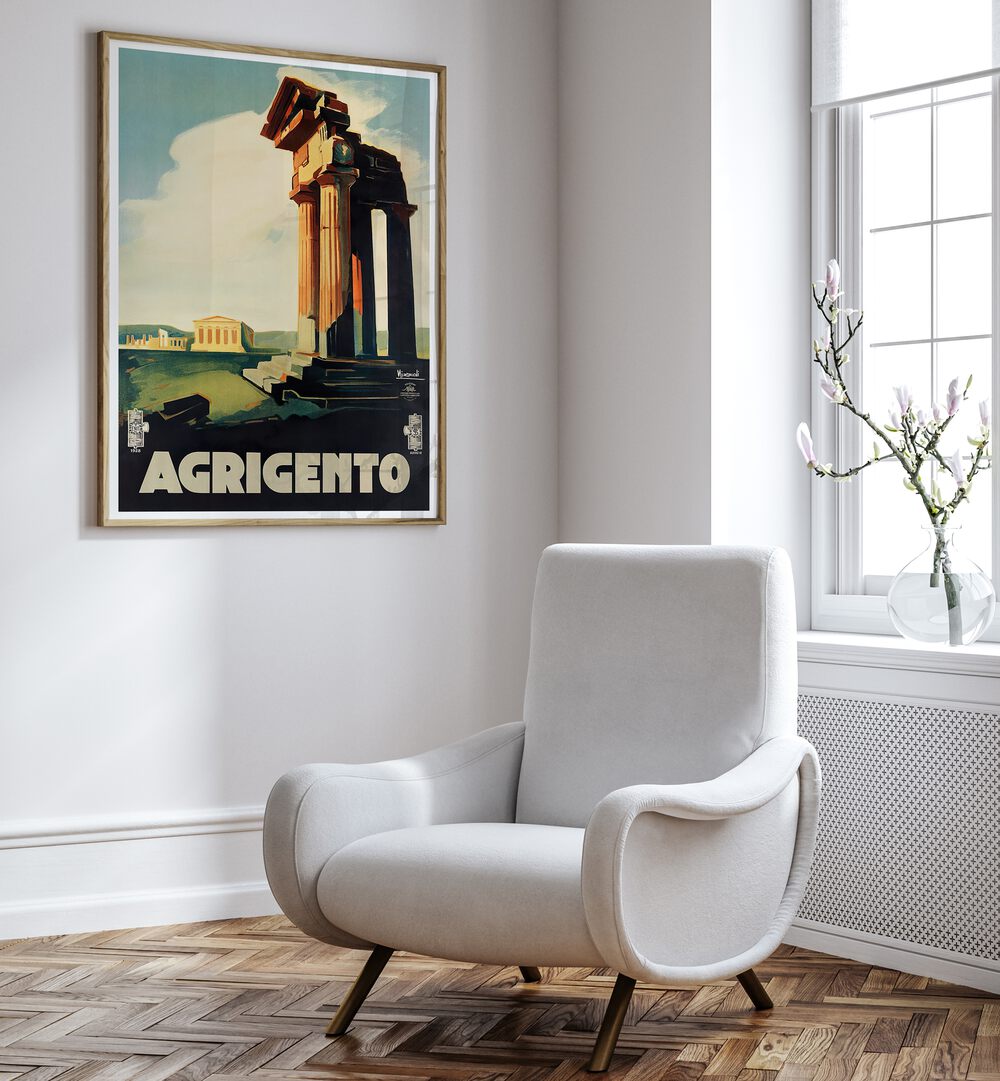 Stylish AGRIGENTO, VINTAGE TRAVEL POSTERS adorn a modern space, capturing Italy's historic charm beautifully.
