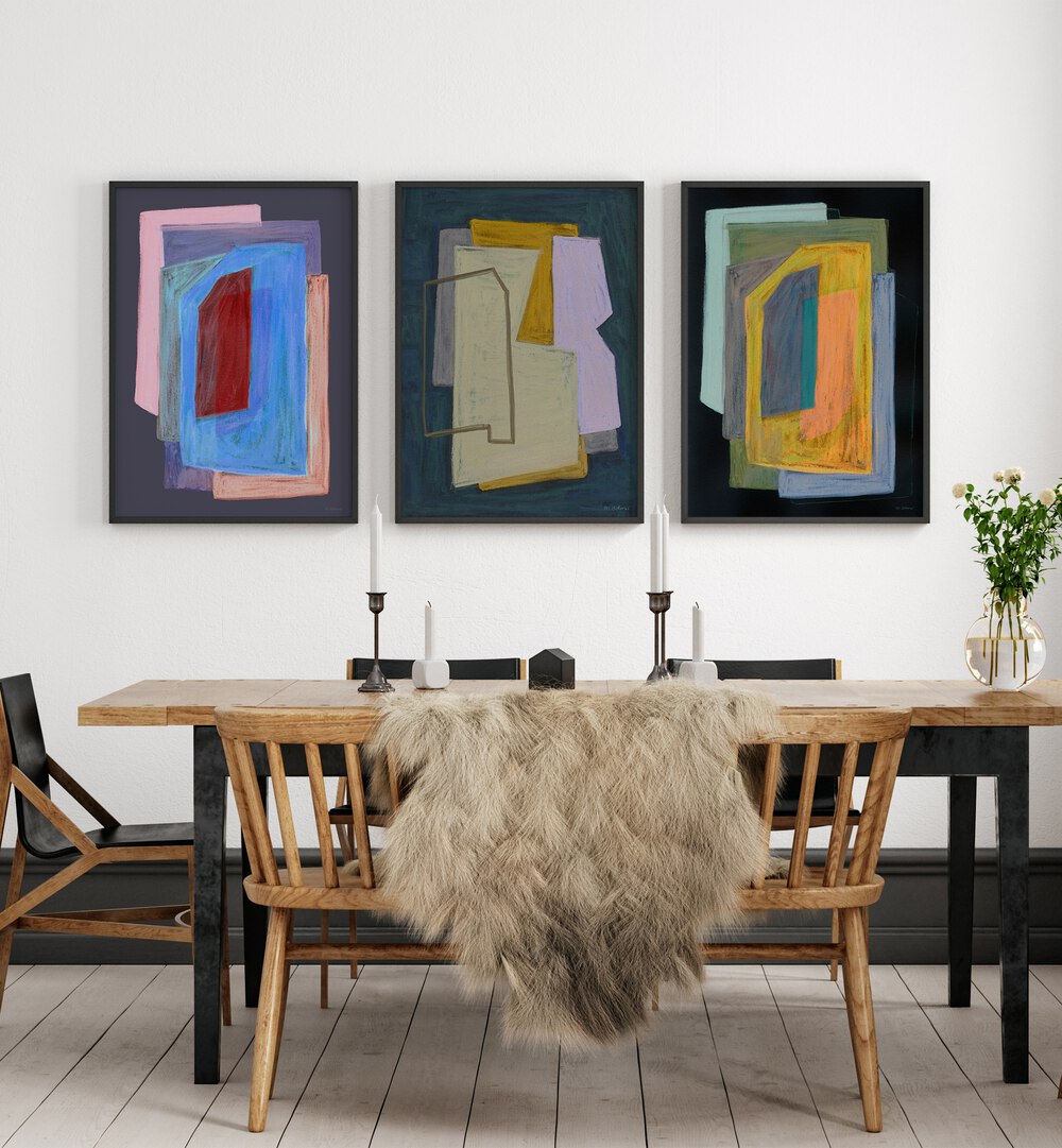 LAYERED ABSTRACT DIMENSIONS SET, SET OF 3 PAINTINGS enhances your decor with modern elegance and captivating colors.