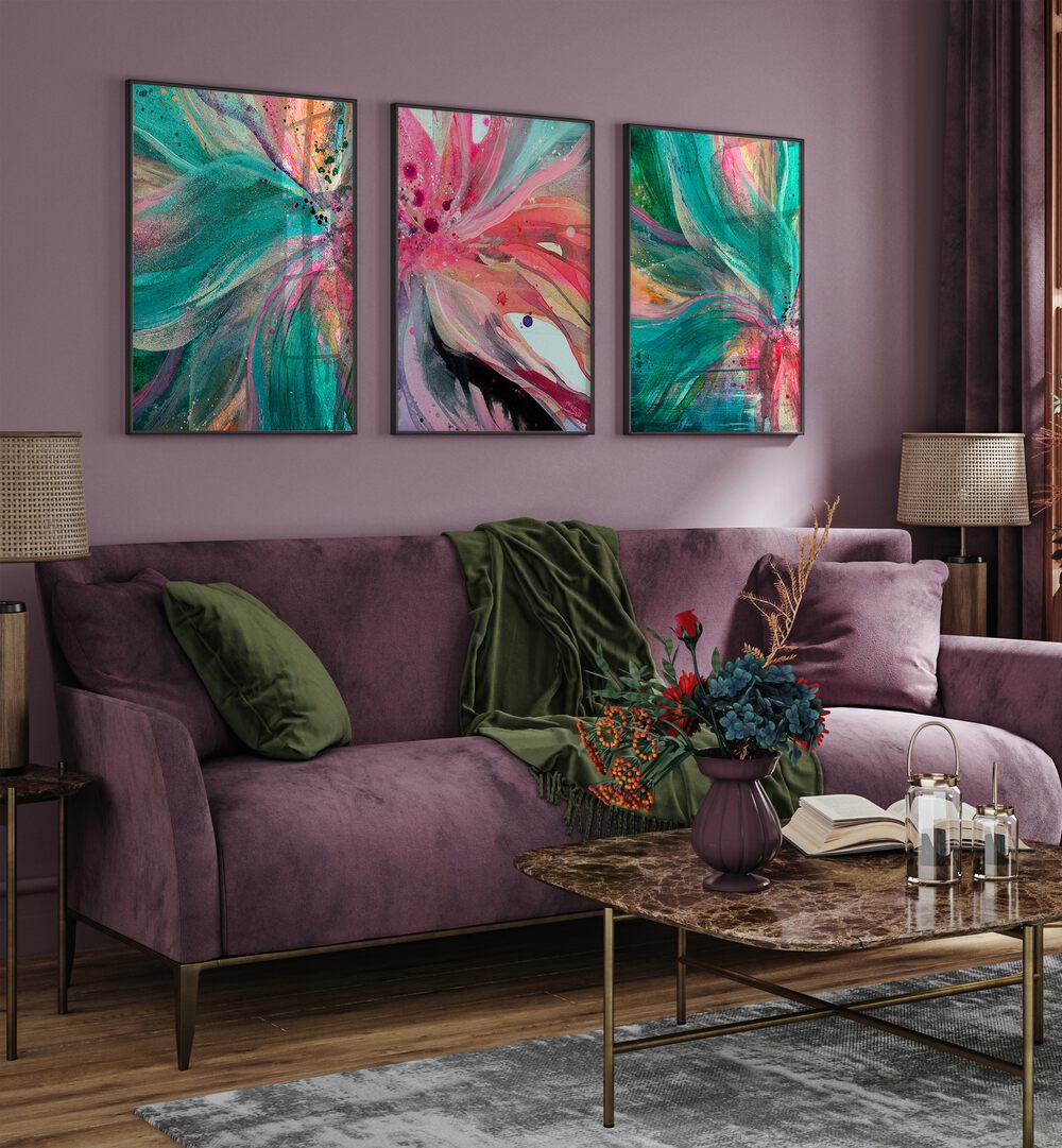 Brighten your home with the VIBRANT COLOUR FLORA SET, SET OF 3 PAINTINGS, perfect for any decor style.