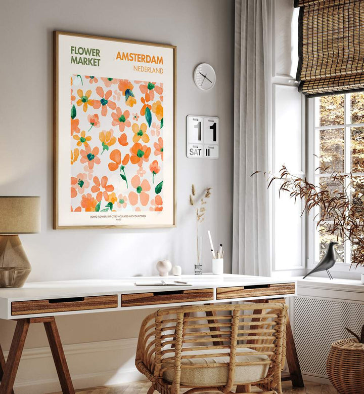 Bright and vibrant AMSTERDAM, FLORAL FLOWER PAINTINGS adorn a stylish workspace, adding charm and inspiration.