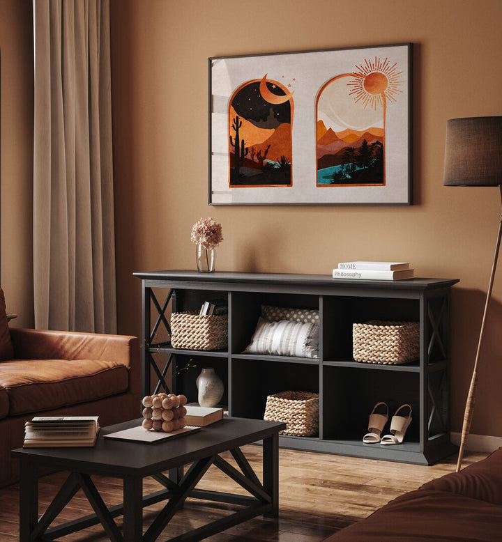 Stylish living room featuring ARCH, BOHO ART PAINTINGS by Emel Tunaboylu, enhancing the space with vibrant colors.