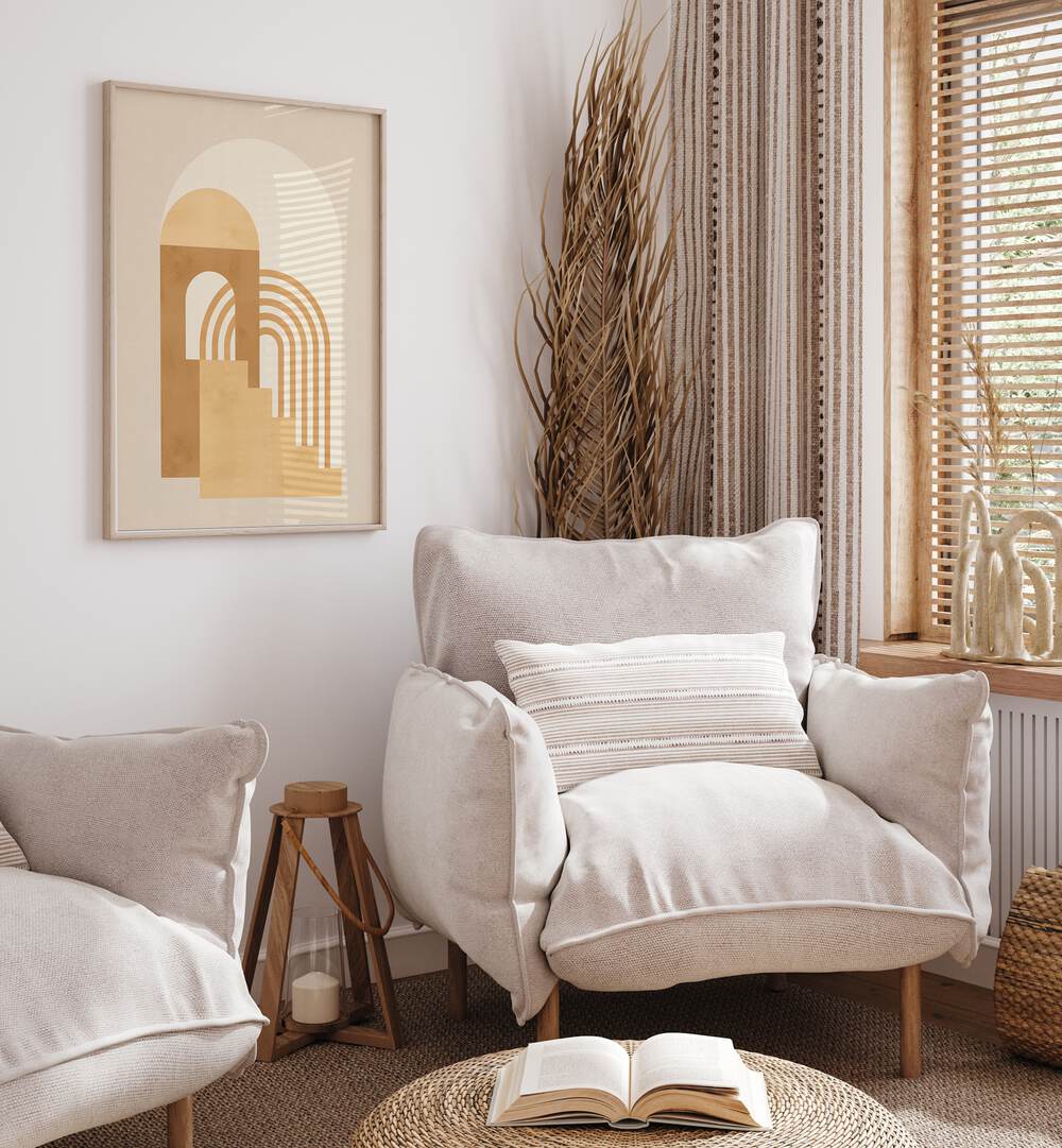 Stylish interior featuring COMPOSITION, BOHO ART PAINTINGS that enhance modern aesthetics with geometric designs.