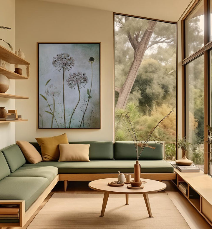 Elegant ALLIUM, FLORAL FLOWER PAINTINGS adorn a modern living space, enhancing home decor with natural beauty.