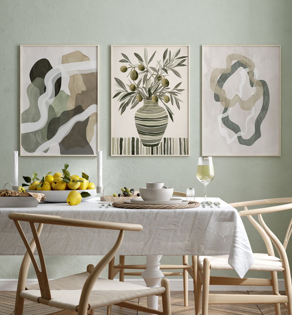 Enhance your decor with OLIVE ESSENCE, SET OF 3 PAINTINGS, showcasing olive-inspired artistry for a serene atmosphere.