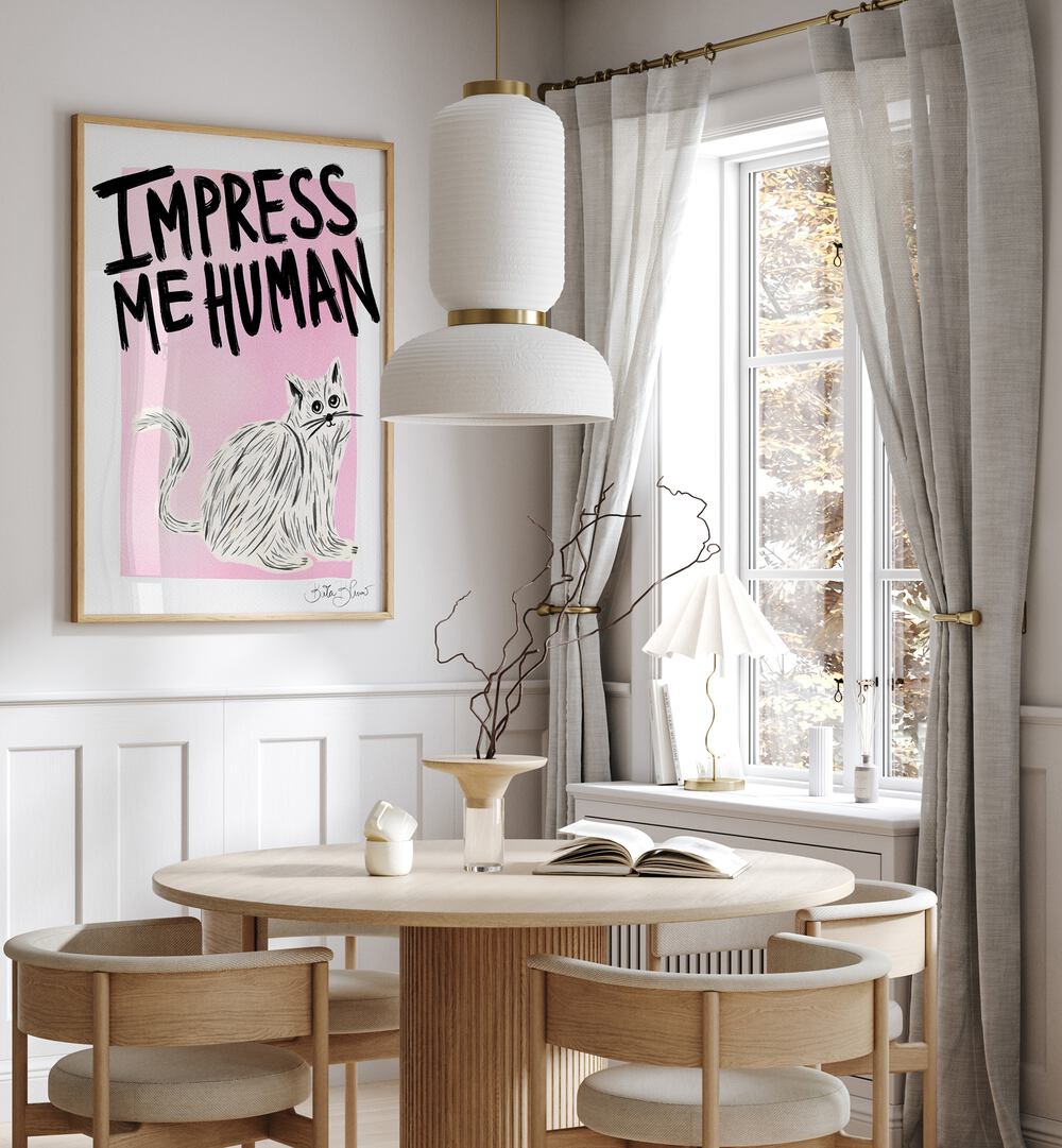 Brighten your space with the IMPRESS ME HUMAN, VIBRANT art print featuring playful cat-themed design.