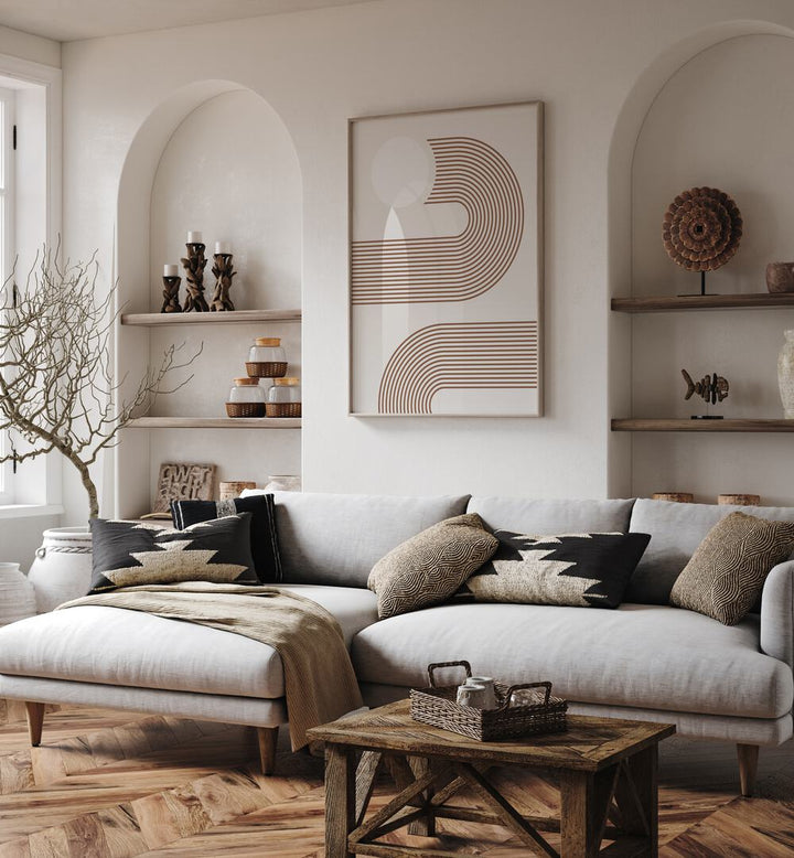 Elegant BEIGE ARC, BOHO ART PAINTINGS enhance a stylish living room with modern decor and cozy accents.