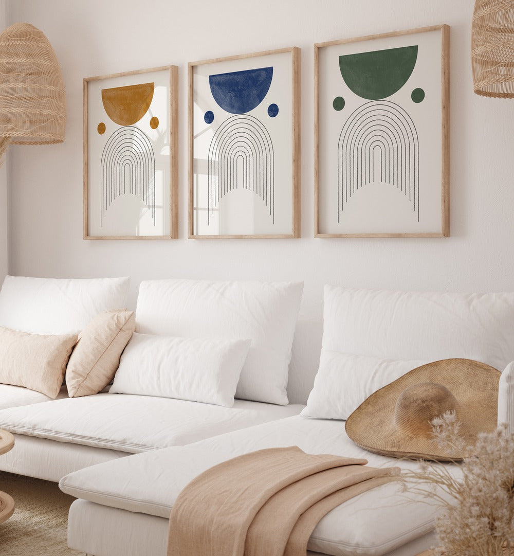 Transform your space with the GEOMETRIC PASTEL SERENADE SET, SET OF 3 PAINTINGS in soft pastel hues.