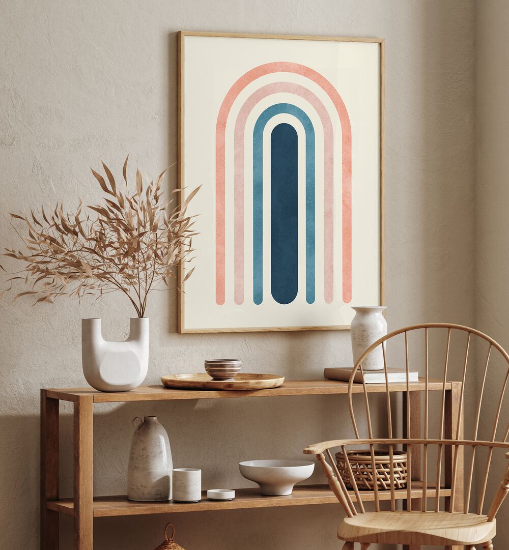 Colorful LINES AND ARCS III, BOHO ART PAINTINGS showcased above a wooden shelf with decorative items and plants.