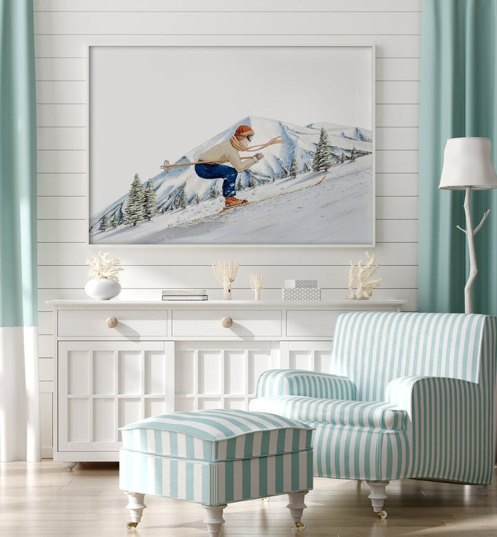 Stylish PARADOXICA, SPORTS POSTERS adorn a modern living space, showcasing a skier amidst a stunning mountain backdrop.