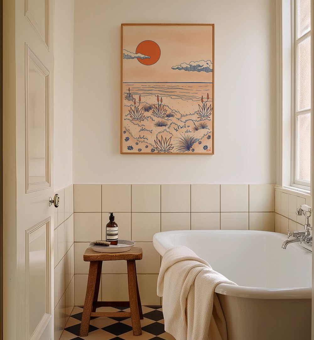 DUNES DREAM, LANDSCAPE PAINTINGS adorn a serene bathroom, enhancing tranquility with nature's beauty.