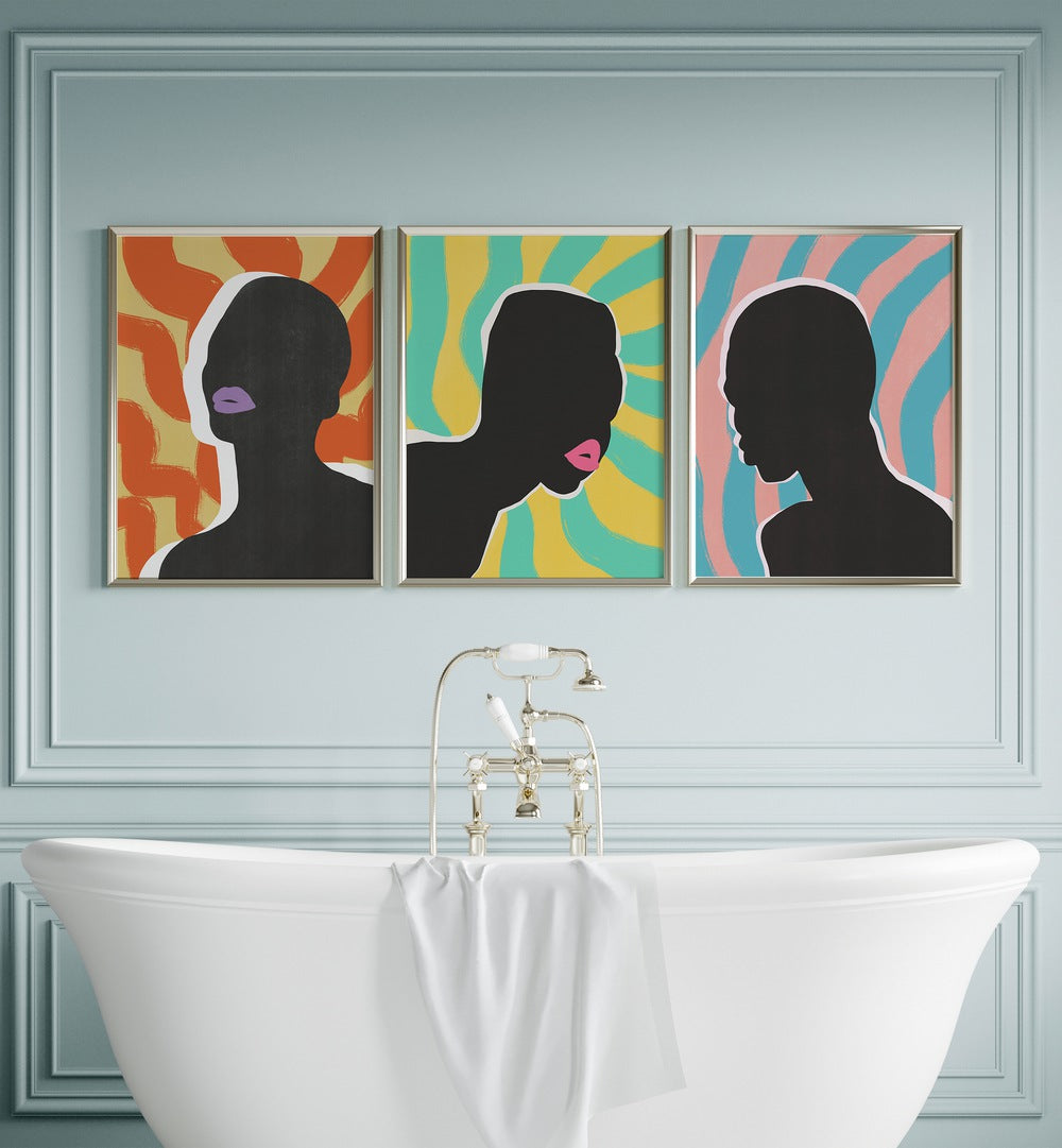 Brighten your space with the COLOURFUL SYMPHONY SET, SET OF 3 PAINTINGS, showcasing vibrant silhouettes and elegant design.