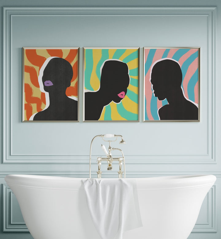 Brighten your space with the COLOURFUL SYMPHONY SET, SET OF 3 PAINTINGS, showcasing vibrant silhouettes and elegant design.