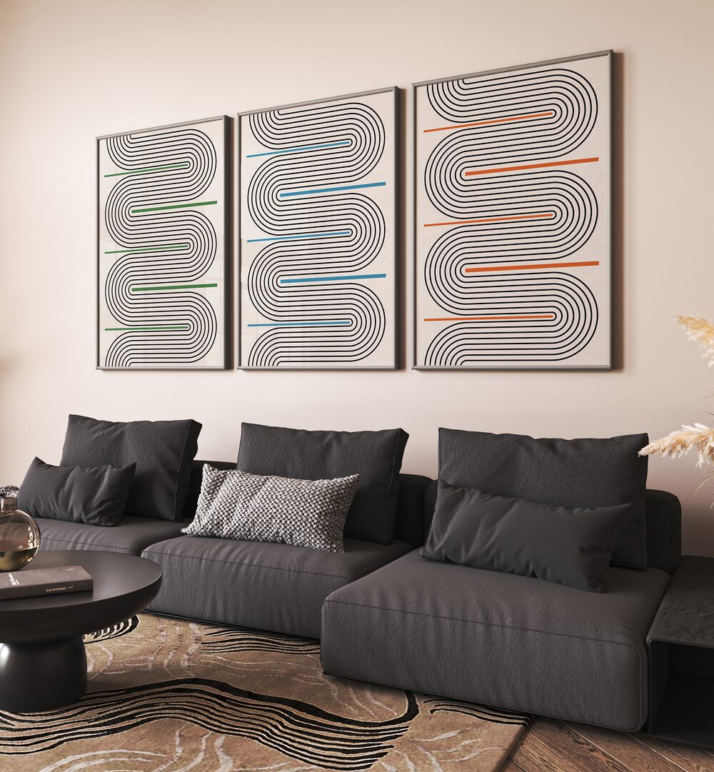 Transform your space with the GEOMETRICAL TIDAL MOODS SET, SET OF 3 PAINTINGS, featuring abstract shapes and calm colors.