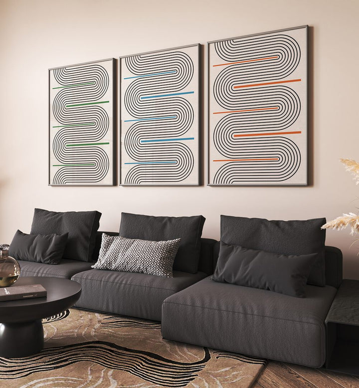Transform your space with the GEOMETRICAL TIDAL MOODS SET, SET OF 3 PAINTINGS, featuring abstract shapes and calm colors.