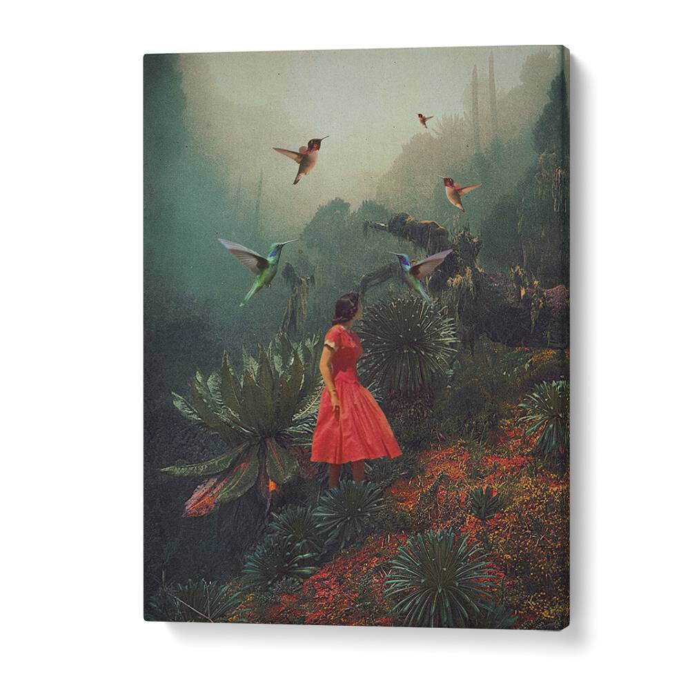 Surreal art print "20 SECONDS BEFORE THE RAIN" by Frank Moth features a woman in nature surrounded by vibrant hummingbirds.