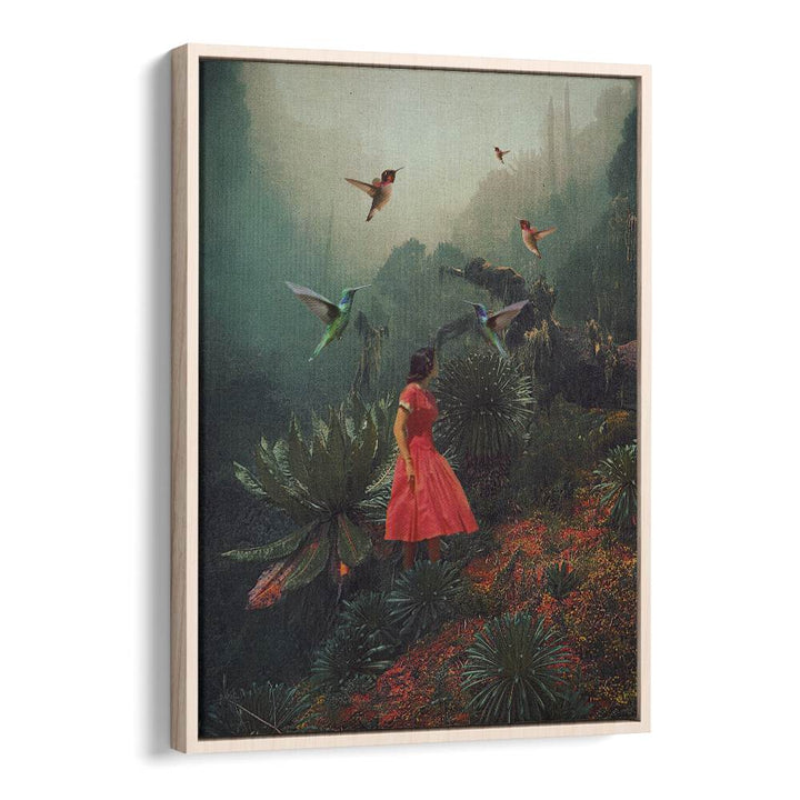 Surreal art print "20 SECONDS BEFORE THE RAIN" features a woman in a red dress surrounded by vibrant nature.