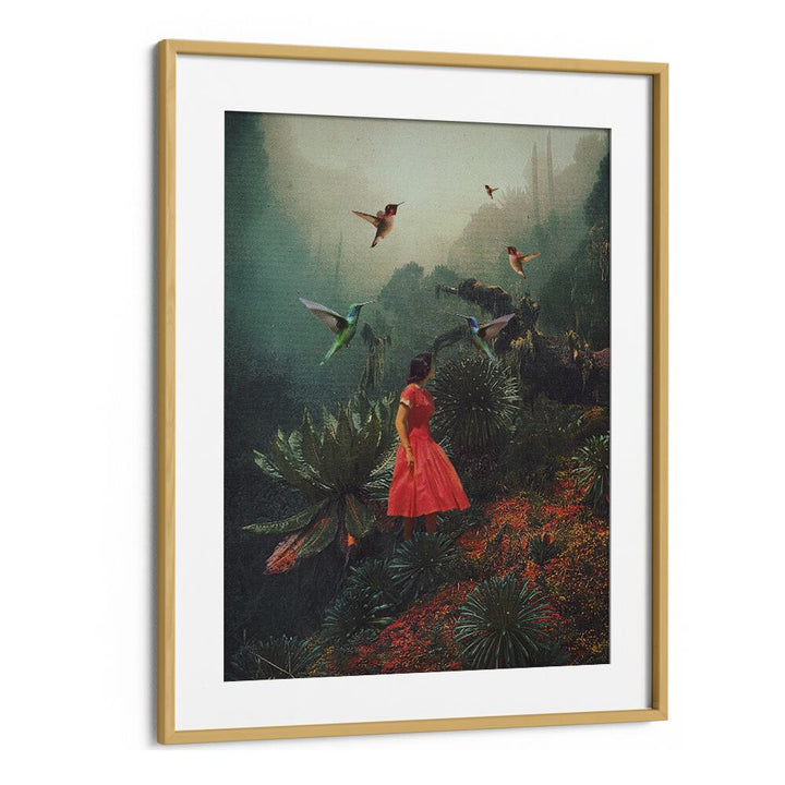 Surreal art prints featuring a woman in a red dress surrounded by hummingbirds, titled "20 SECONDS BEFORE THE RAIN."