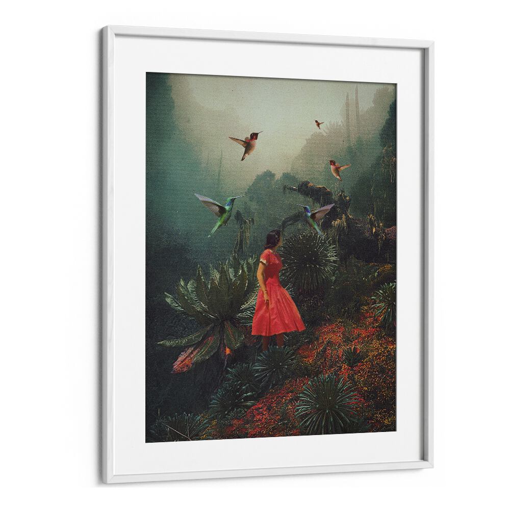 Surreal art print "20 SECONDS BEFORE THE RAIN" by Frank Moth features a woman in a red dress amid vibrant nature.