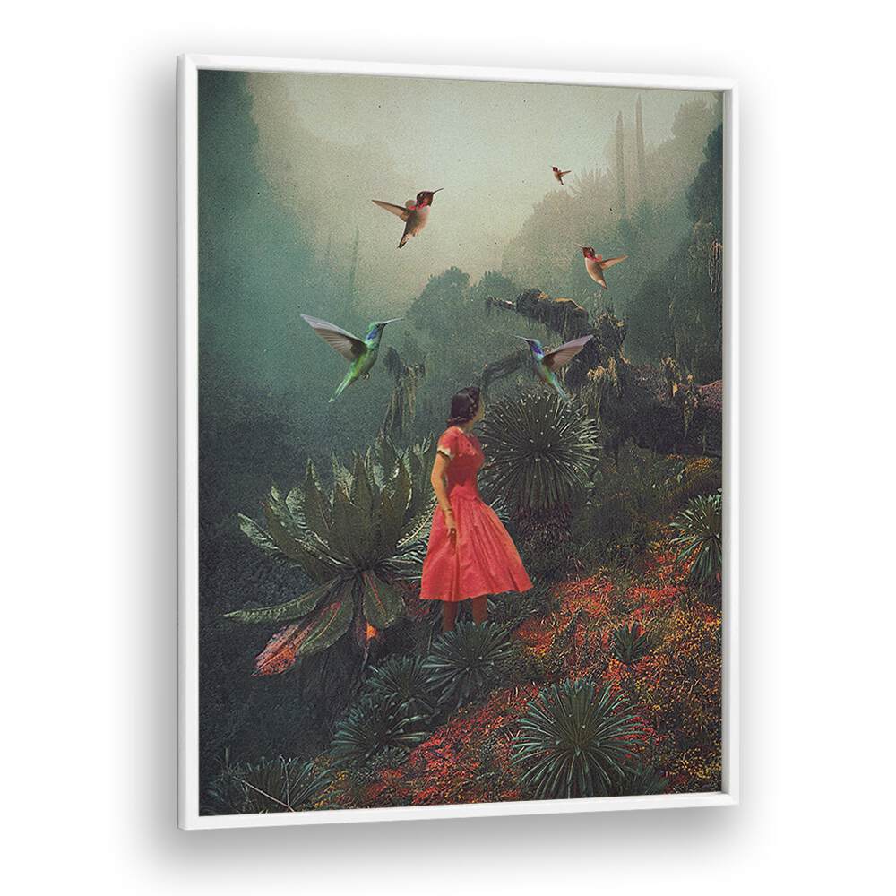 Surreal art print "20 SECONDS BEFORE THE RAIN" by Frank Moth features a woman in nature with vibrant hummingbirds.
