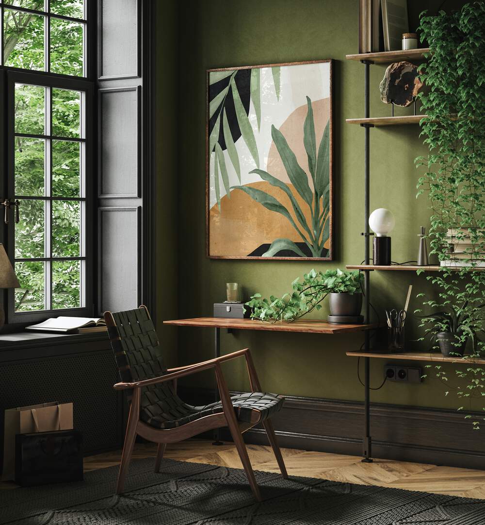 Transform your space with ABSTRACT TROPICAL LEAVES V, BOHO ART PAINTINGS, featuring vibrant tropical leaves in a chic setting.