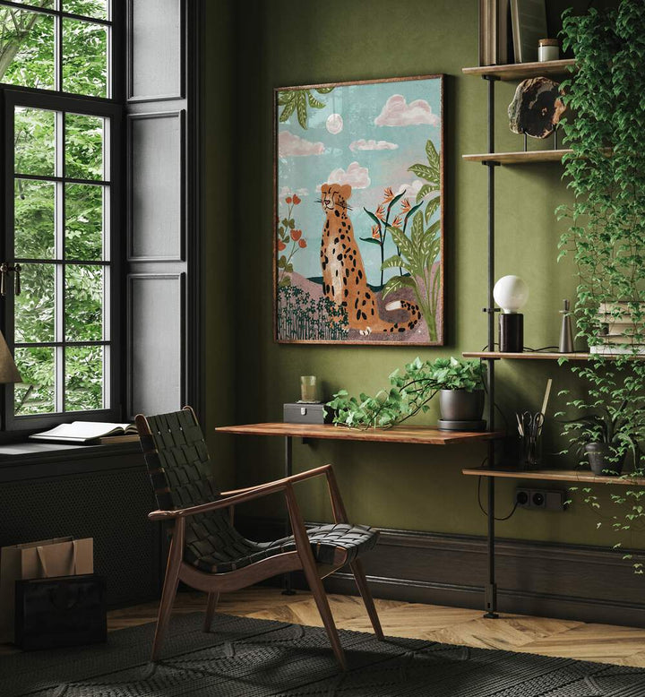 Stunning LEOPARD IN JUNGLE, ANIMAL PAINTINGS adorns a green wall, showcasing wildlife's majestic beauty in your space.