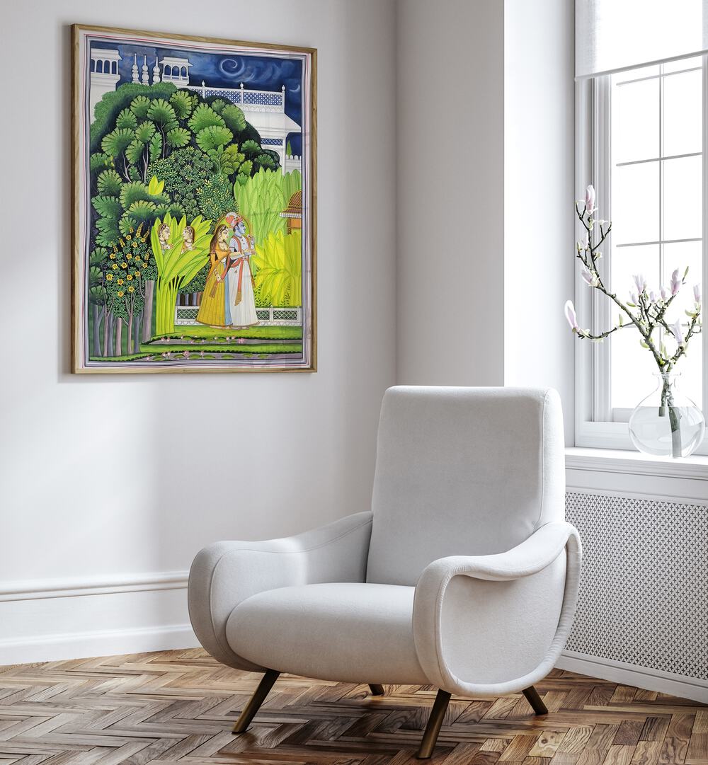 Exquisite RADHA KRISHNA, INDIAN ART PAINTINGS enhancing a modern living space with vibrant colors and divine essence.