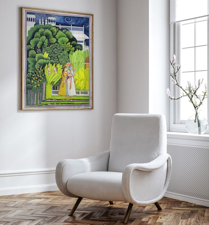 Exquisite RADHA KRISHNA, INDIAN ART PAINTINGS enhancing a modern living space with vibrant colors and divine essence.