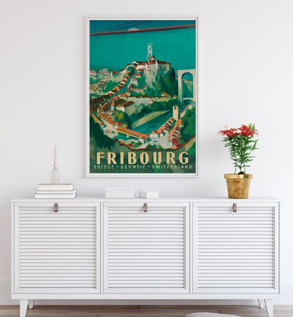 Fribourg, vintage travel posters showcasing the picturesque landscapes and historic charm of Switzerland.
