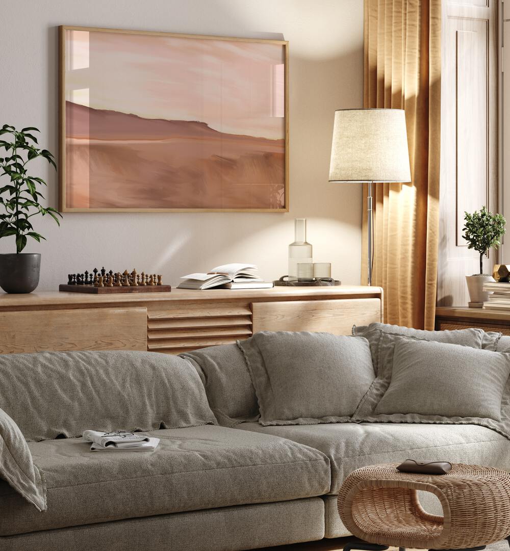 Elegant GOLDEN LANDSCAPE PAINTINGS adorn a modern living room, enhancing decor with tranquility and style.