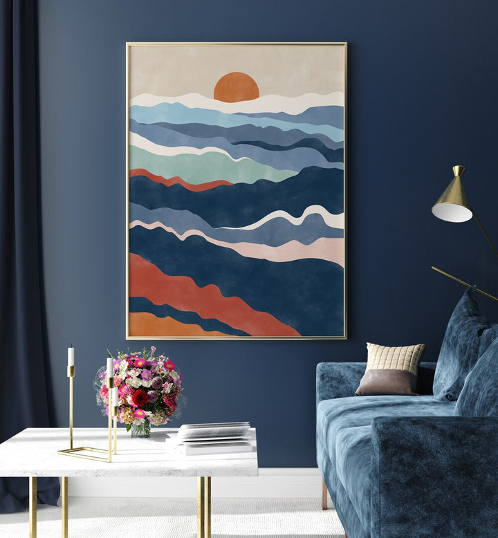 Stunning ABSTRACT TERRACOTTA & BLUE landscape painting by Elena Ristova, perfect for adding elegance to any room.