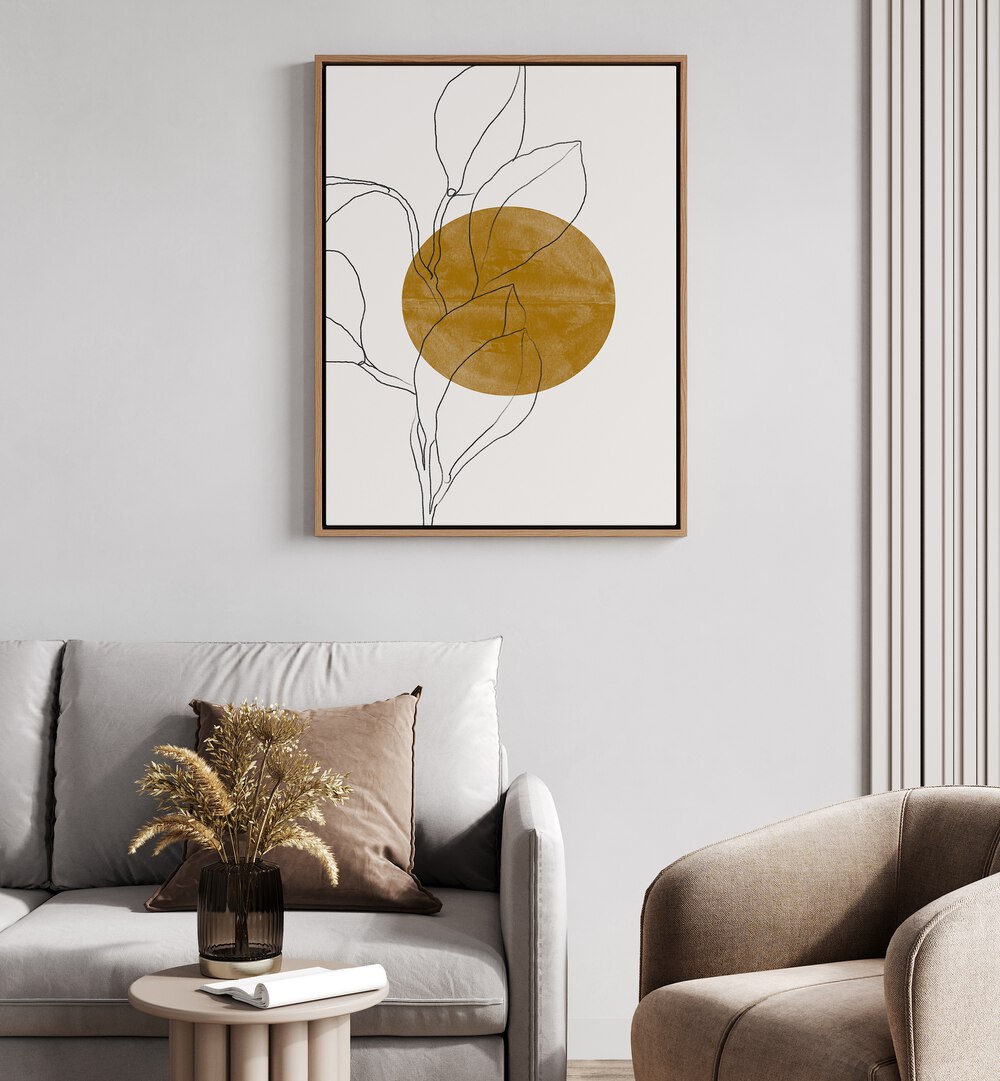 Stylish living room featuring FLOWER AND SUN, BOHO ART PAINTINGS from MIUUS Studio, enhancing home decor elegance.