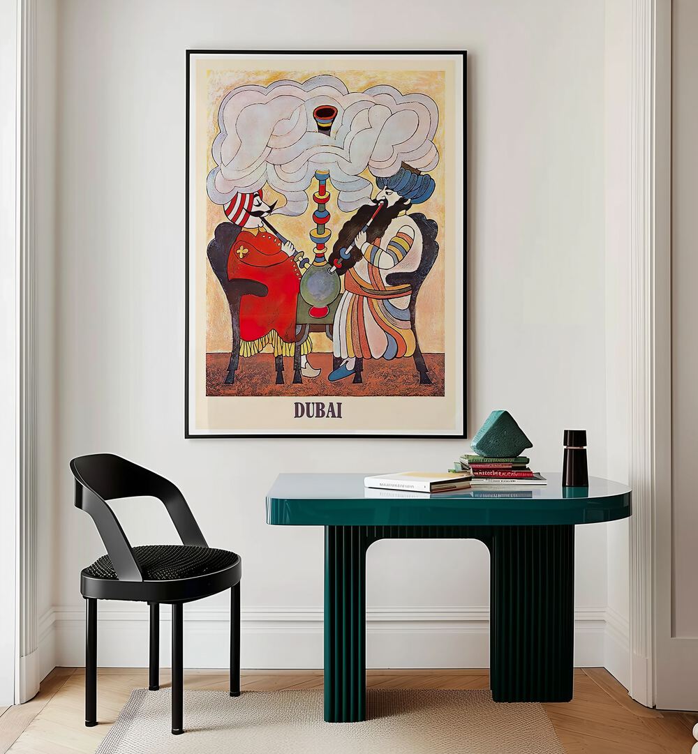 Colorful DUBAI I, VINTAGE TRAVEL POSTERS framed art piece enhancing a stylish interior setting. Perfect for decor lovers.