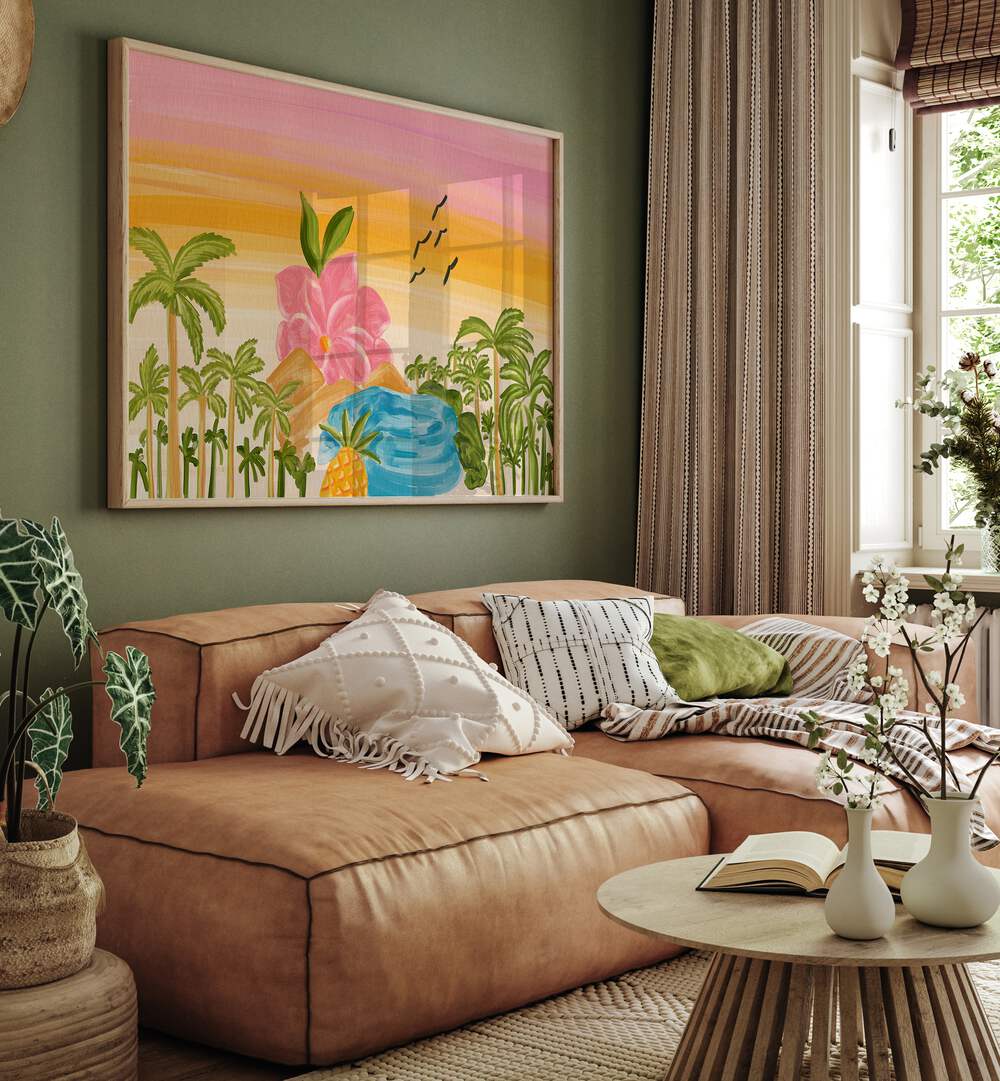 Bright and colorful ISLAND, LANDSCAPE PAINTINGS enhance a cozy living room, bringing nature's beauty indoors.